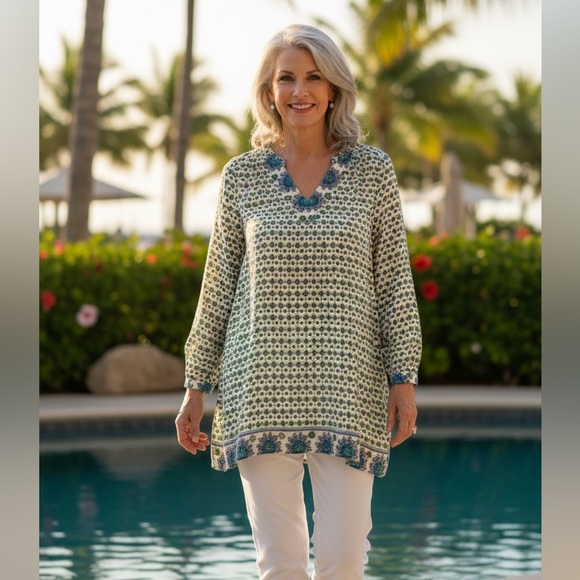 Soft Surroundings Tops - Soft Surroundings Green and Blue Sheer V Neck Floral Tunic Blouse